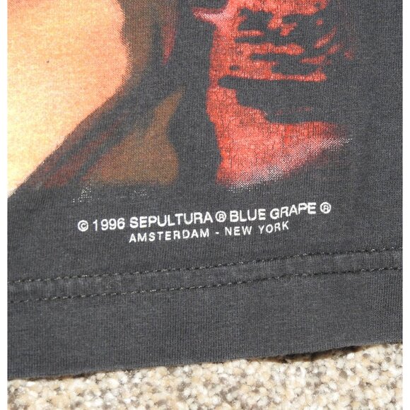 Vintage 1996 Sepultura Roots Metal Band Brazil Blue Grape T-Shirt Size Large - Picture 2 of 8